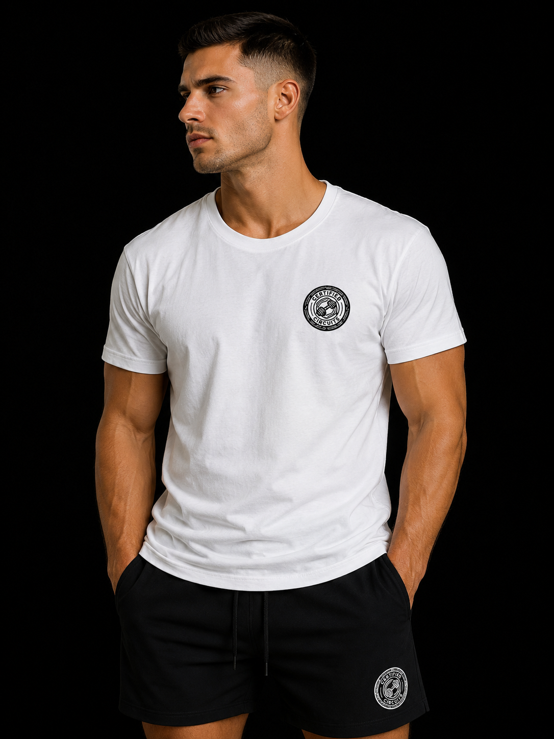 Certified Circuits white oversized box T-shirt, front view on model